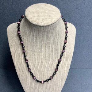 Moonstone Beaded Necklace 18 In Purple Black Iridescent Round Silver Screw Retro